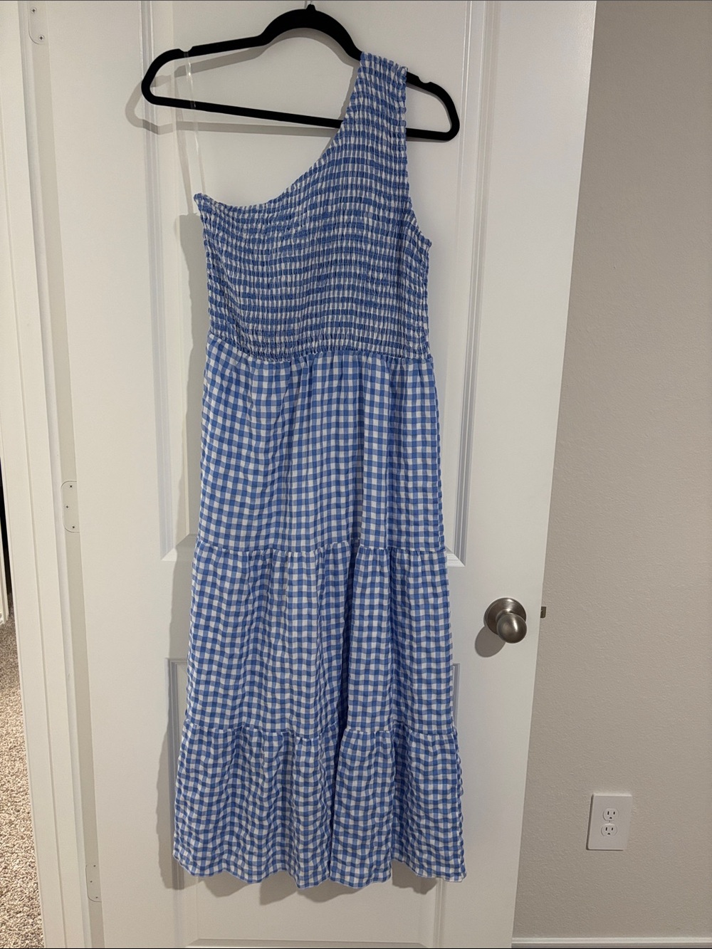 Blue Gingham One-Shoulder Tiered Dress